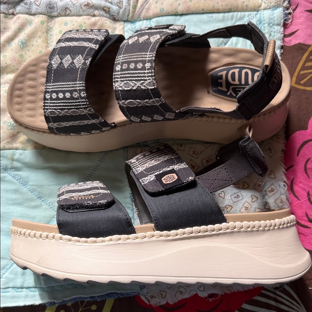 Hey Dude Dark Gray and Cream Sandals